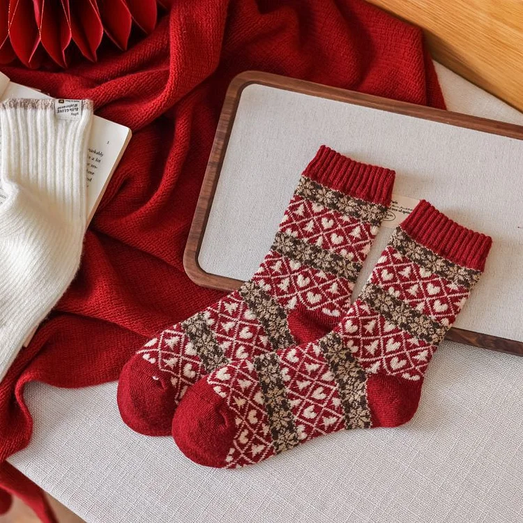 Christmas red stockings women's mid-calf retro argyle stockings VOCOSI VOCOSI