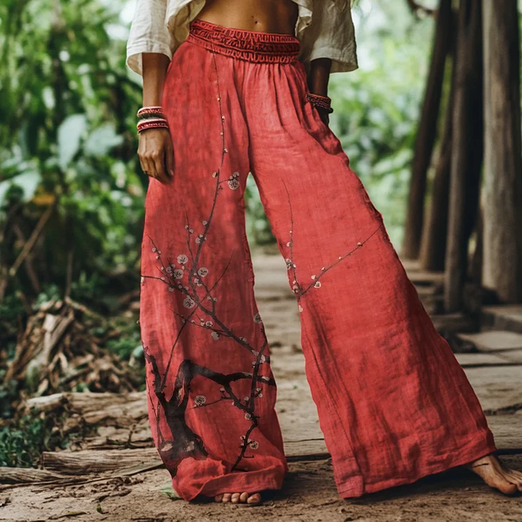 Japanese Retro Plum Blossom Print Loose Pants