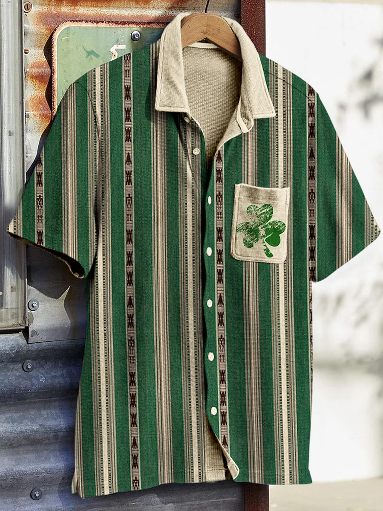 Men's St. Patrick's Day Clover Striped Pocket Art Print Casual Shirt