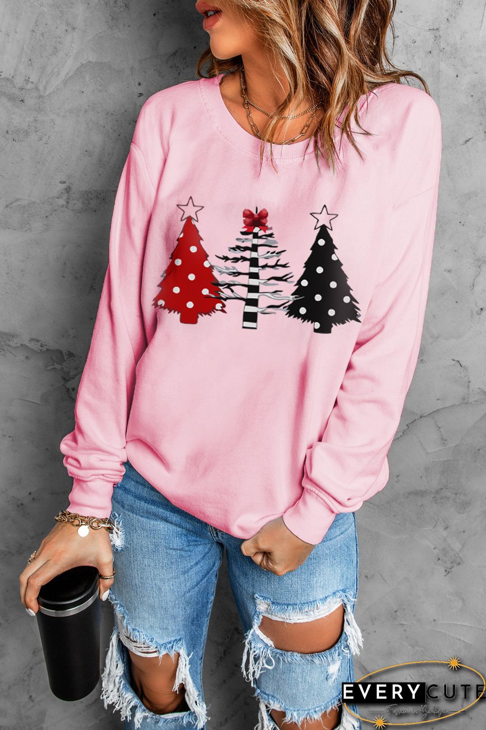 Pink Christmas Tree Graphic Print Pullover Sweatshirt
