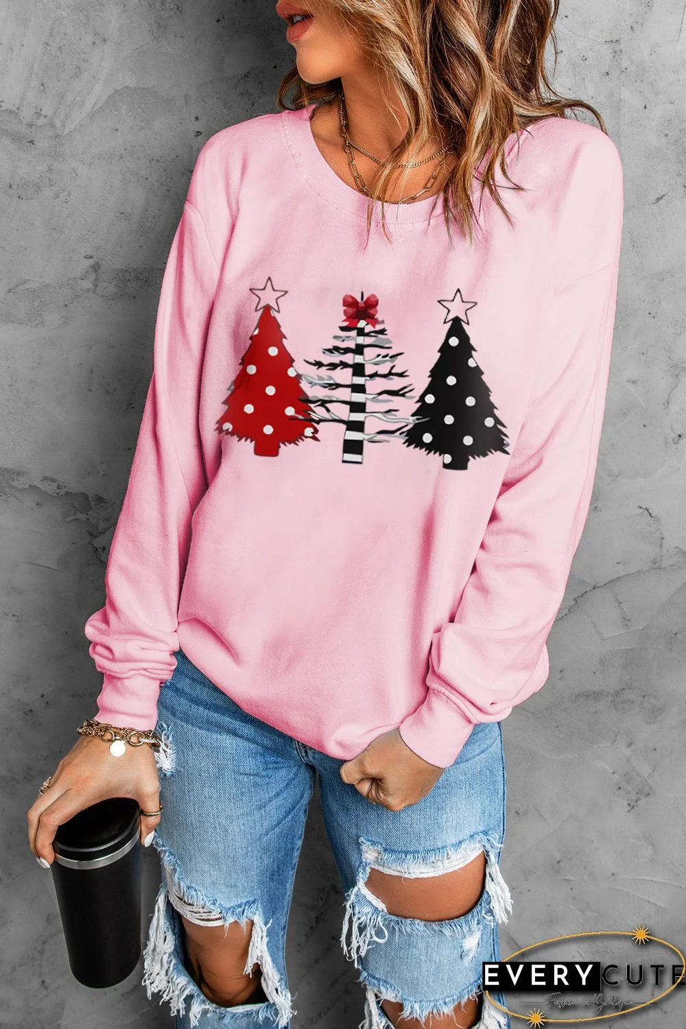 Pink Christmas Tree Graphic Print Pullover Sweatshirt