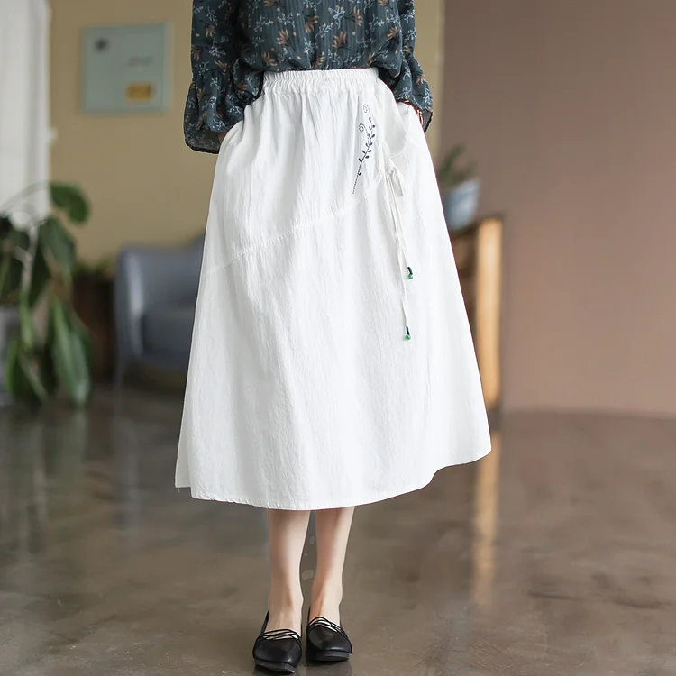 Spring Summer Retro Cotton Linen Embroidery A-Line Skirt