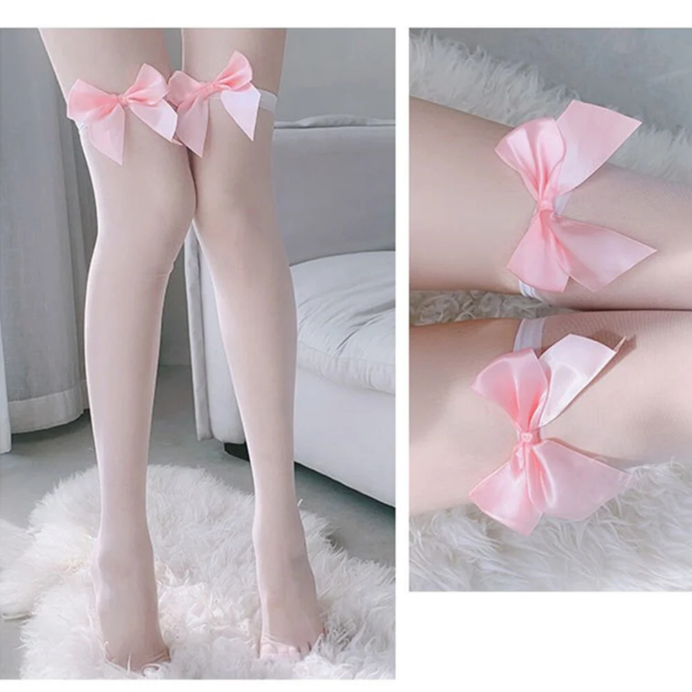 Japanese Kawaii Bow Thigh High Socks Transparent Silk Stocking SP16476