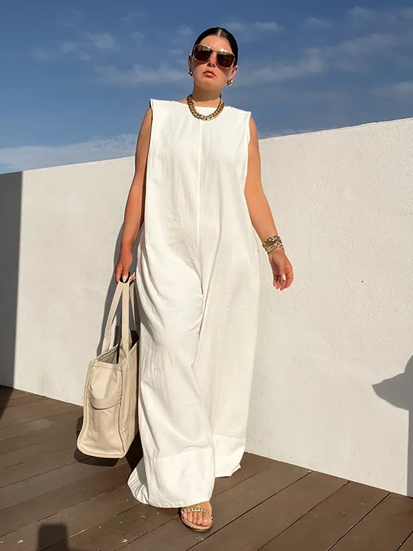 White & Green Wide Leg Sleeveless Jumpsuit