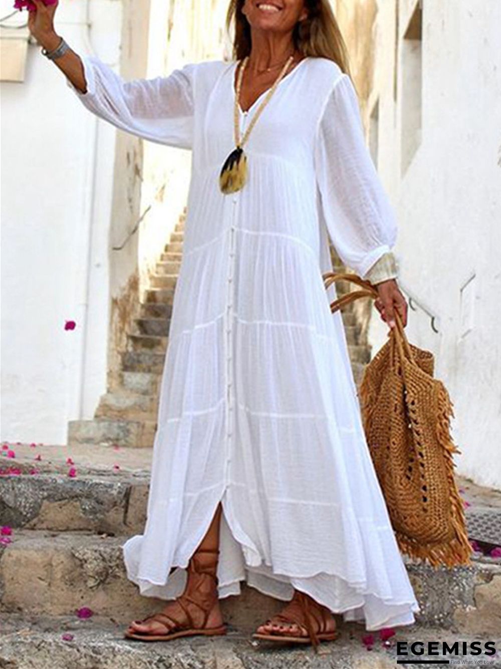 Bohemian Solid Color V-neck Loose Long Sleeve Cotton and Linen White Dresses | EGEMISS