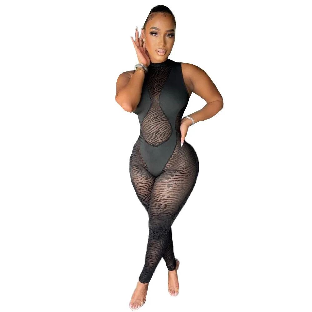 Women Mesh Patchwork Sleeveless Jumpsuit Sexy Flocking One Piece Overalls Bodycon Rompers 2021 Fall Club Party Outfits Playsuit
