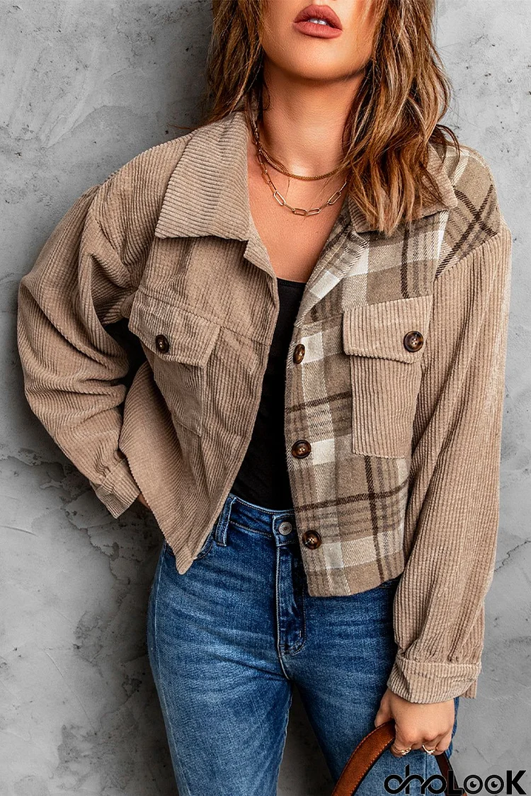 Khaki Plaid Corduroy Cropped Jacket