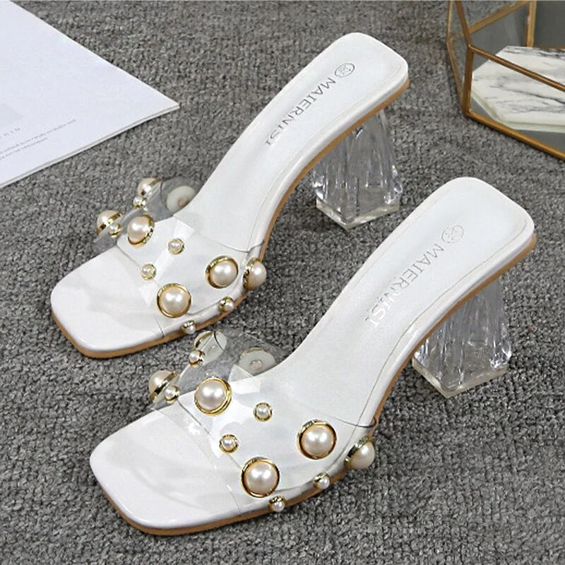 2021 Summer New Style Comfortable White Square Toe Transparent High-heeled Sandals for Ladies Outer Wear Rhinestone Slippers