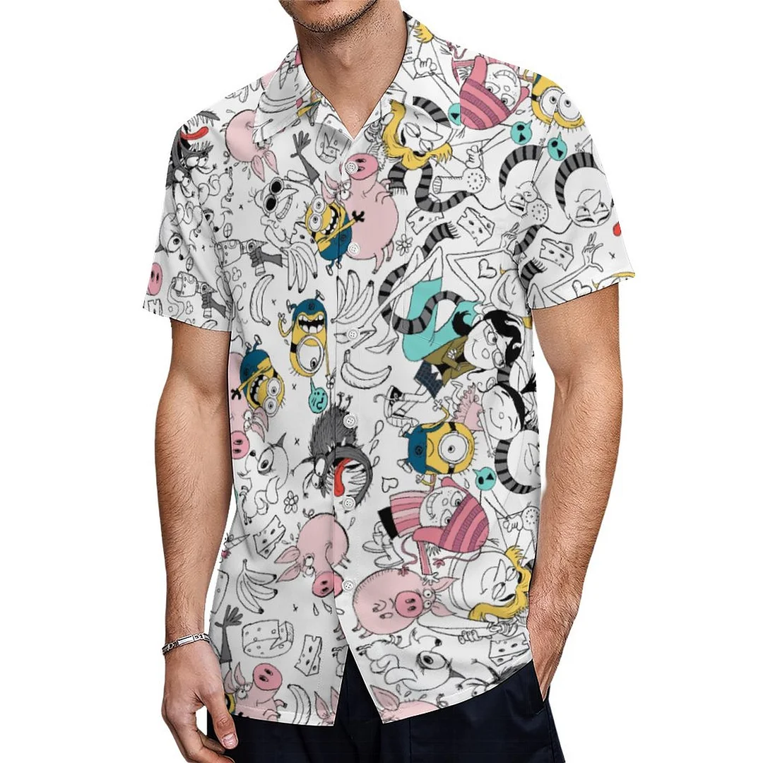 Despicable Me Colorful Family Doodle Hawaiian Shirt Mens Button Down Plus Size Tropical Hawaii Beach Shirts