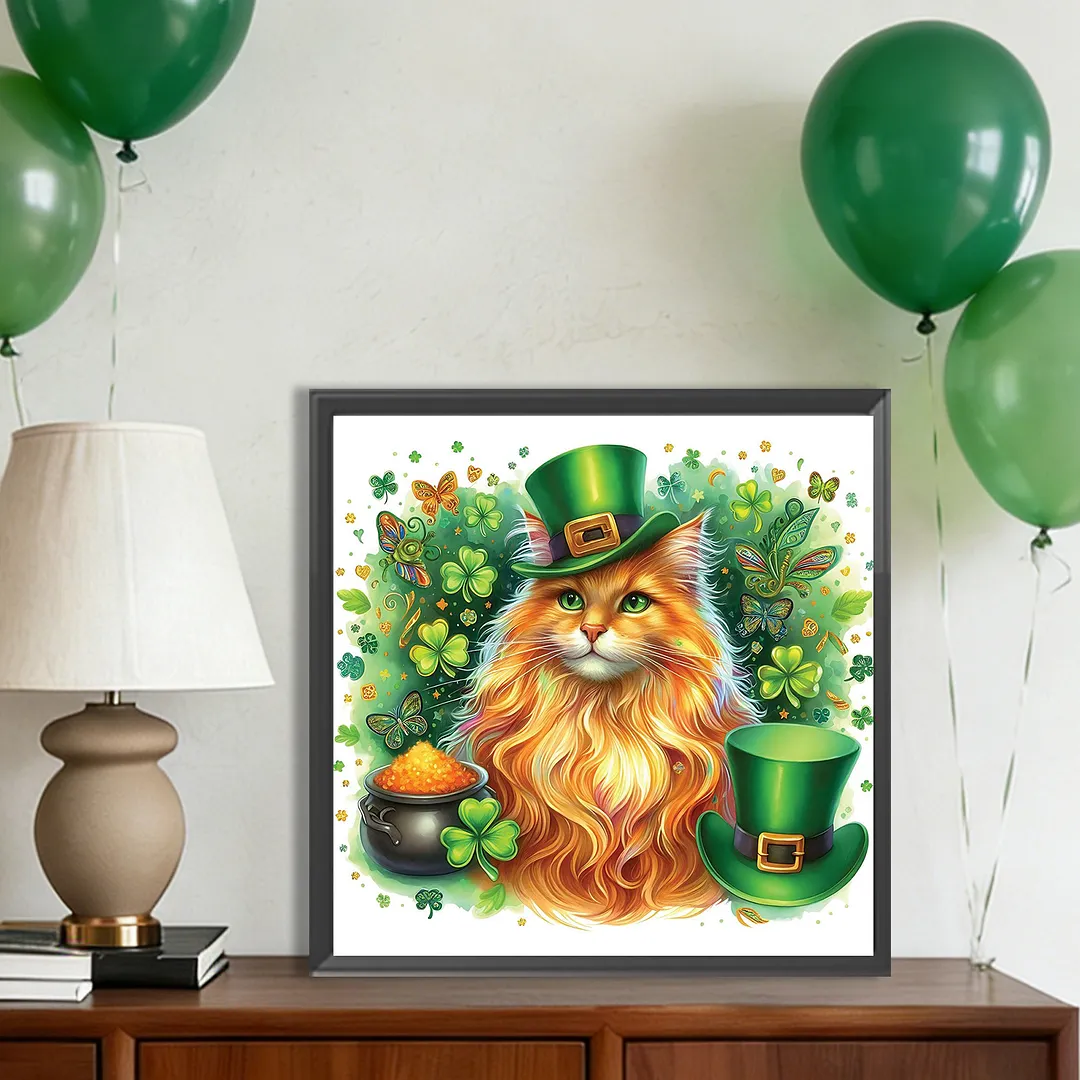 St Patricks Day Cat Full DIY 5D Round Drill Diamond Art Kits for Home Wall Decor 40x40cm