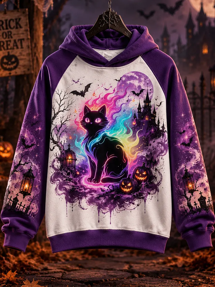 Comstylish Halloween Magic Black Cat & Castle Graphic Hoodie