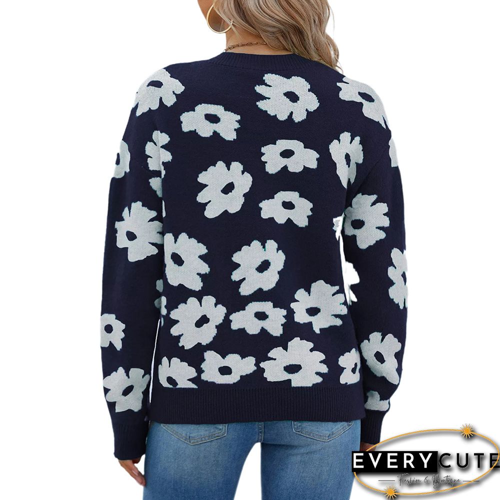 Navy Blue Flower Print Crew Neck Long Sleeve Knit Sweater