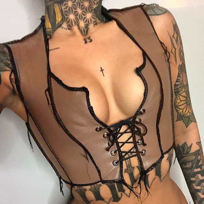 Hugcitar 2021 Sleeveless Solid Pu Leather Patchwork Bandage Hollow Out Sexy Tank Top Spring Summer Women Fashion Lounge Wear