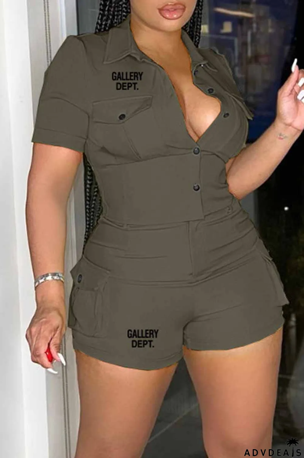 Yellow Street Print Letter Turndown Collar Short Sleeve Two Pieces