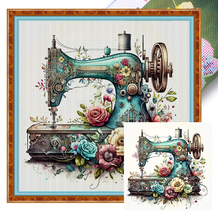 【Huacan Brand】Retro Floral Sewing Machine 14CT Stamped Cross Stitch 40*40CM