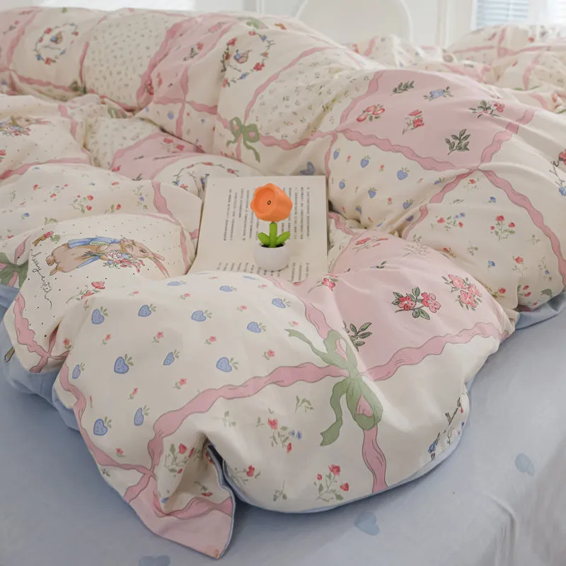 Aonga Cute Cartoon Duvet Cover Set No Filler Ins Full Queen Size Comforter Cover Sheet Pillowcase Skin-friendly Girl Home Bedding Set aonga