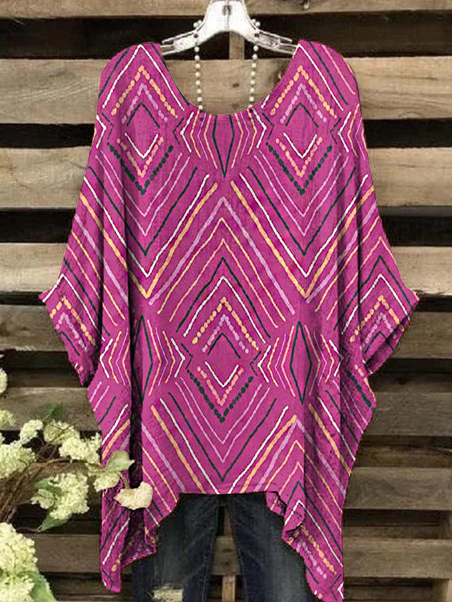 Women's Vintage Geometric Line Pattern Crew Neck Top