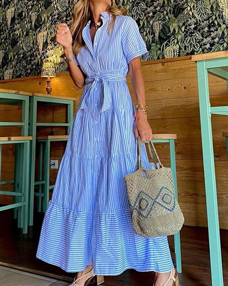 Blue Collared Striped Print Maxi Dress