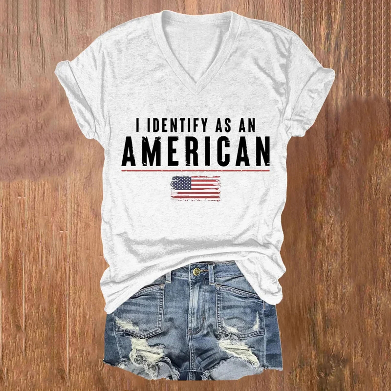 Women's I Identify As An American Print Casual V Neck T-Shirt wearshes