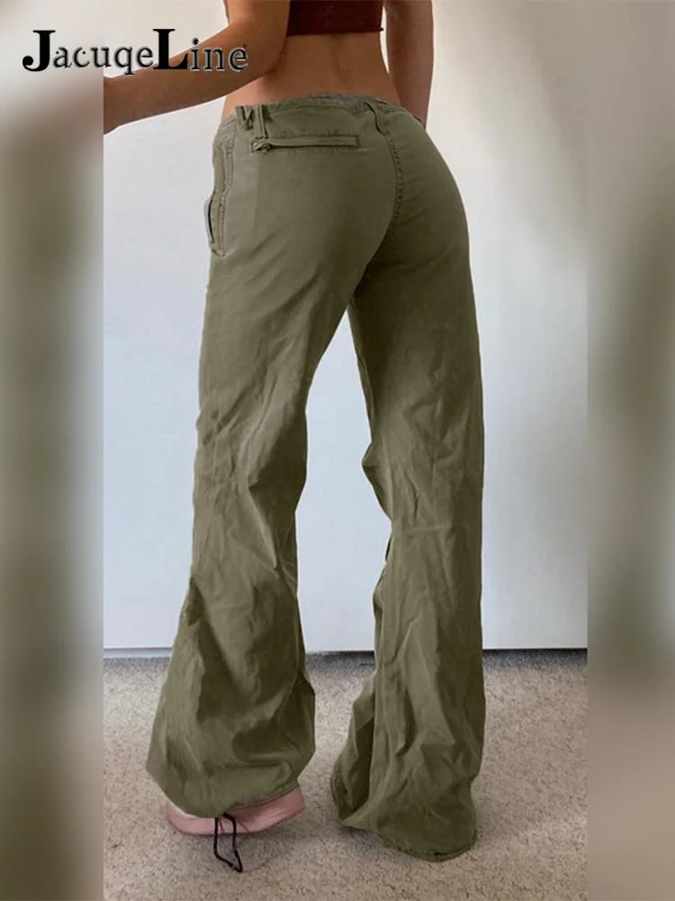 Jacuqeline 2022 Low Waist y2k Cargo Straight Pants Women Green Tie Up Baggy Skinny Trousers Retro Harajuku Street Sexy Sweatpant
