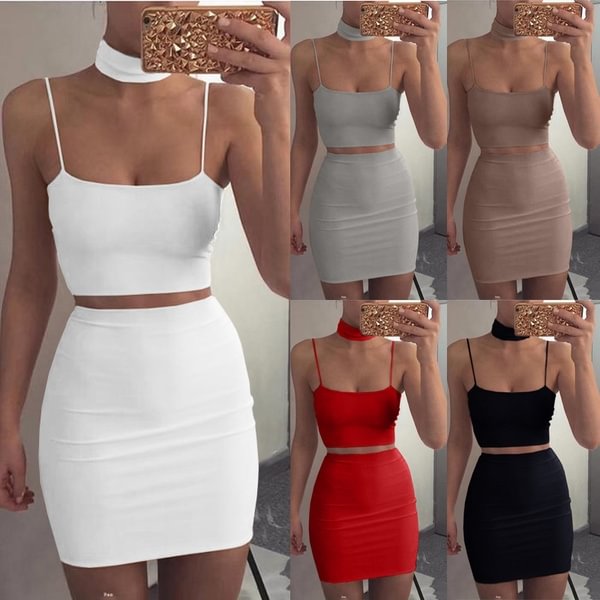 Summer Women Slim Fit Two Piece Outfit Spaghetti Strap Tops And High Waist Skirt Club Dress Bodycon Dresses - Shop Trendy Women's Fashion | TeeYours