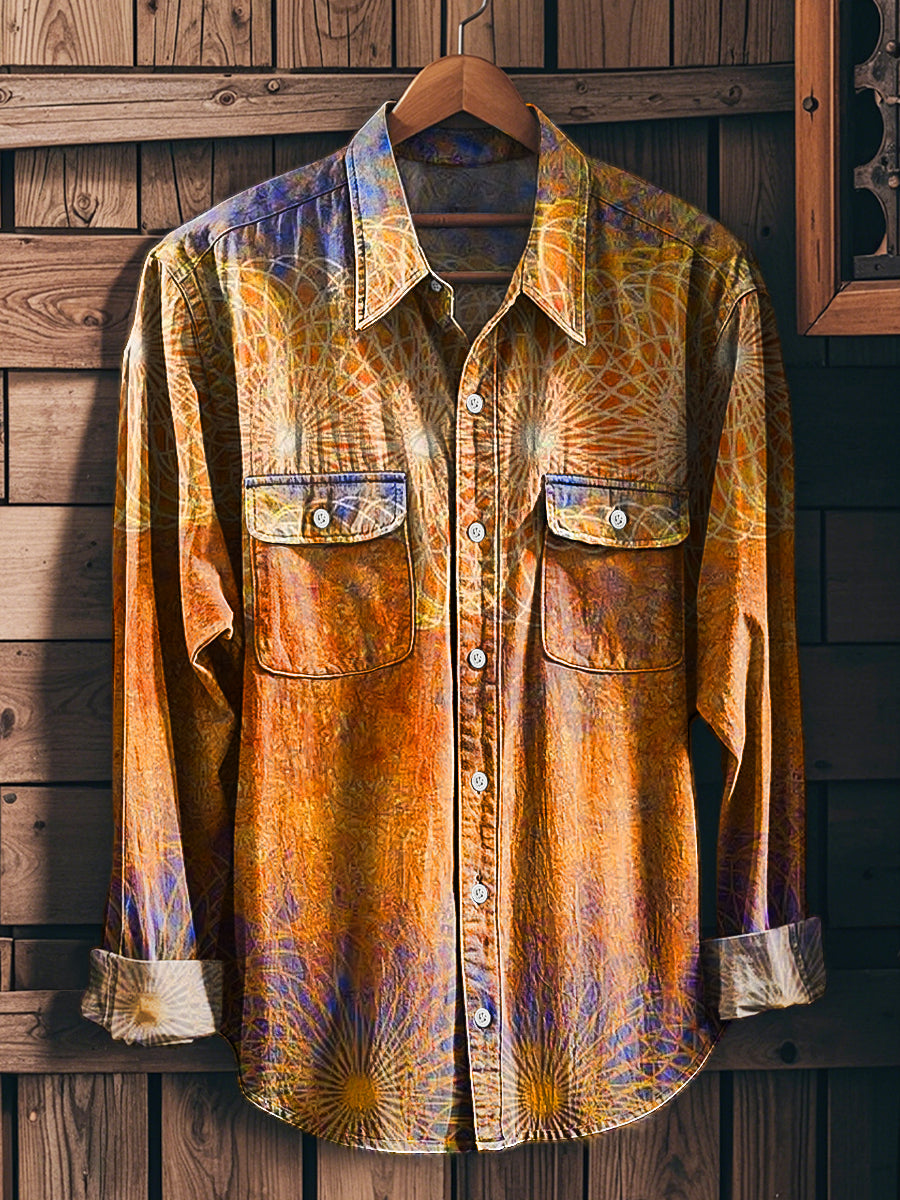 Men's Vintage Gradient Floral Pattern Lapel Workwear Pocket Long Sleeve Shirt