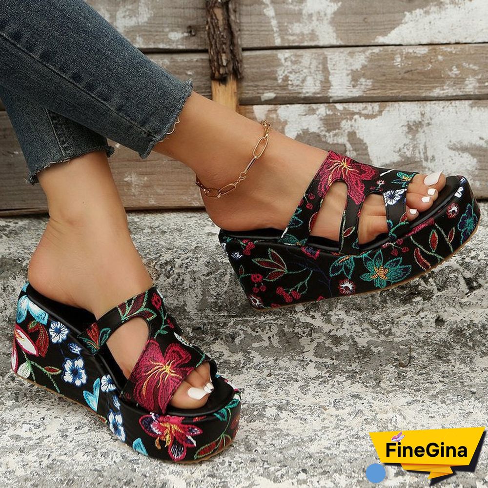 Women Floral Embroidery Hollow out Wide Strap Wedge Slippers Shoes
