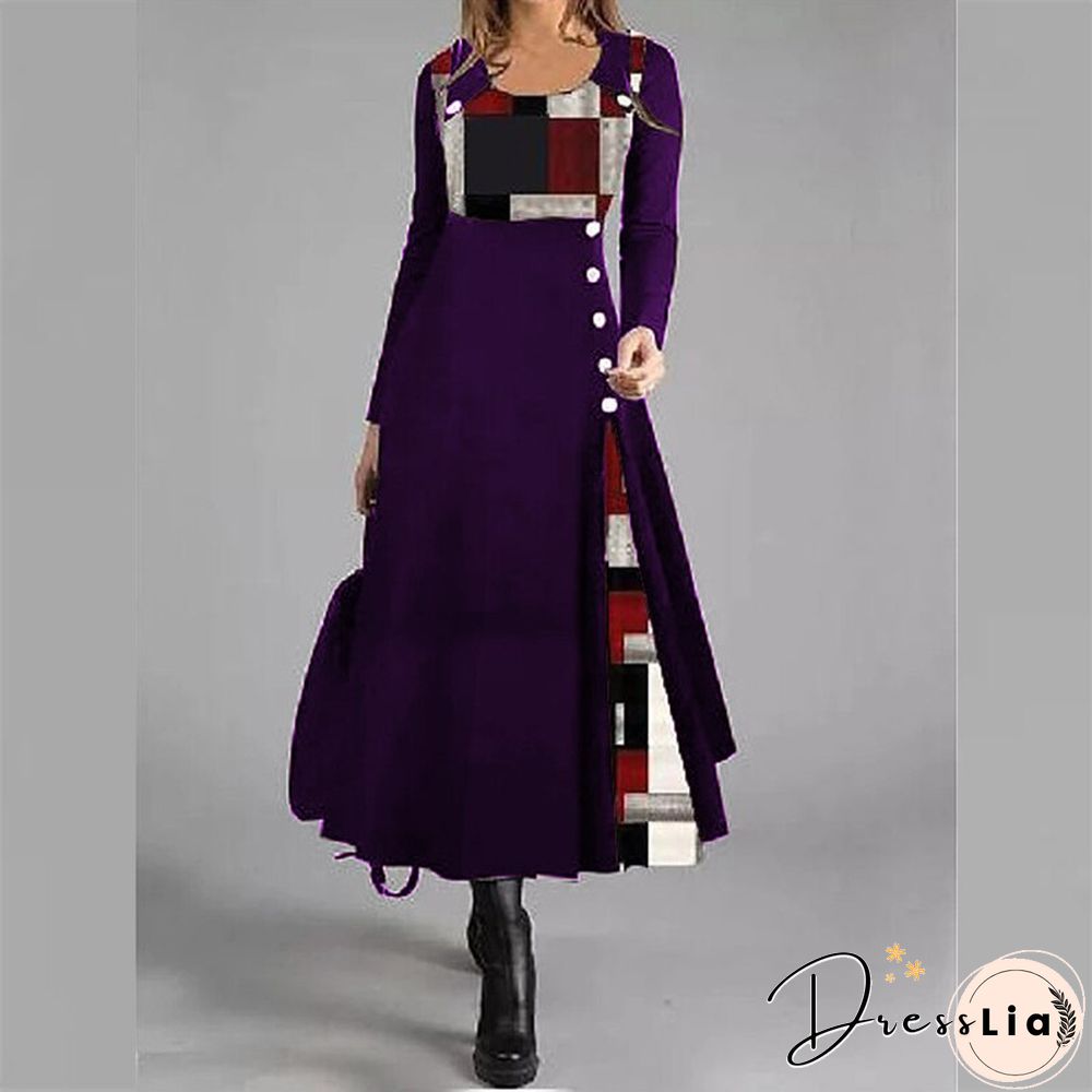 Womens O-Neck Patchwork Button Loose Pullover Long Dress Autumn Pattern Print A-Line Party
