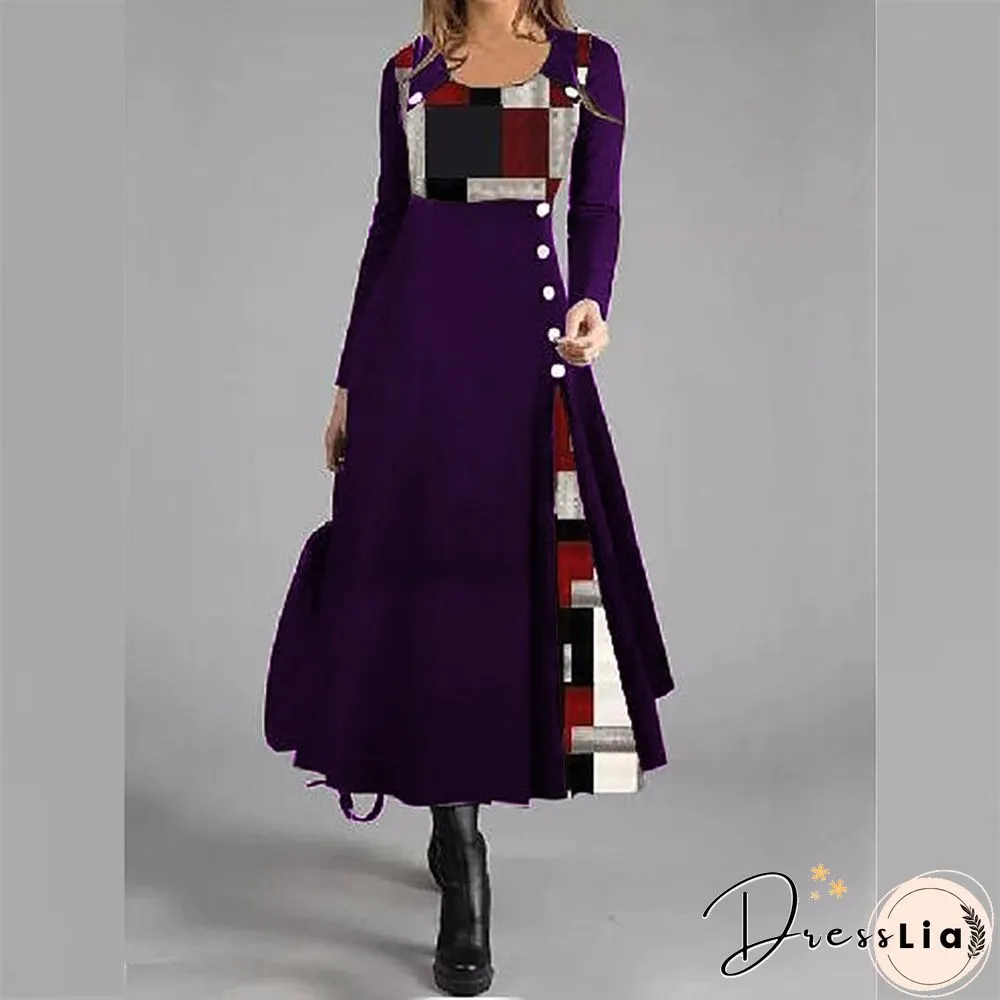 Womens O-Neck Patchwork Button Loose Pullover Long Dress Autumn Pattern Print A-Line Party