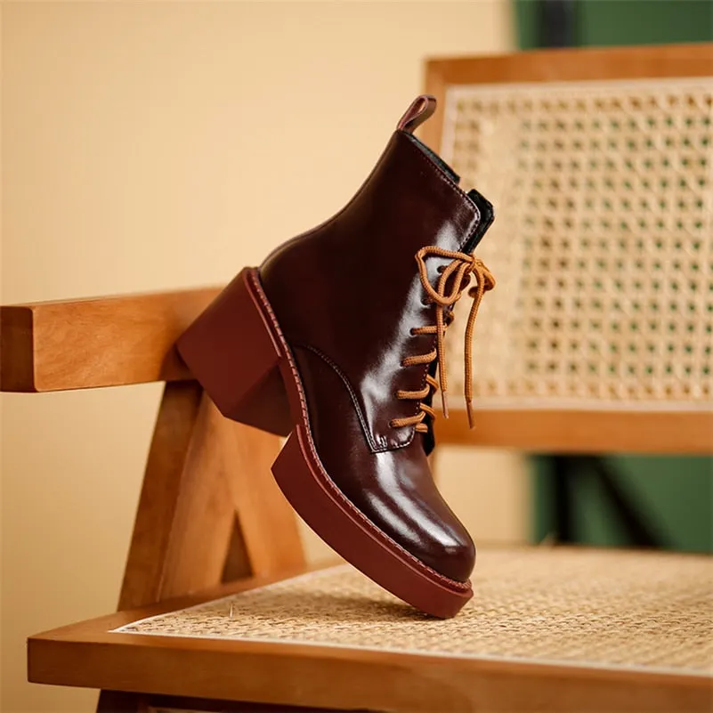 Meotina Women Shoes Genuine Leather Ankle Boots Platform Thick High Heel Boots Round Toe Zipper Lady Footwear 2021 Autumn Winter