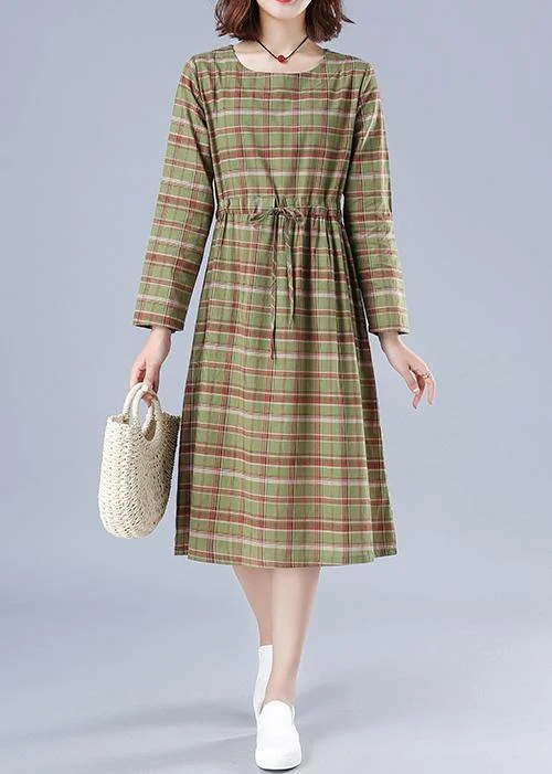 Natural Green Plaid Dresses O Neck Drawstring Knee Spring Dress