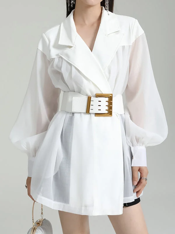 Belted See-Through Puff Sleeves Loose Lapel Blouses&shirts Tops