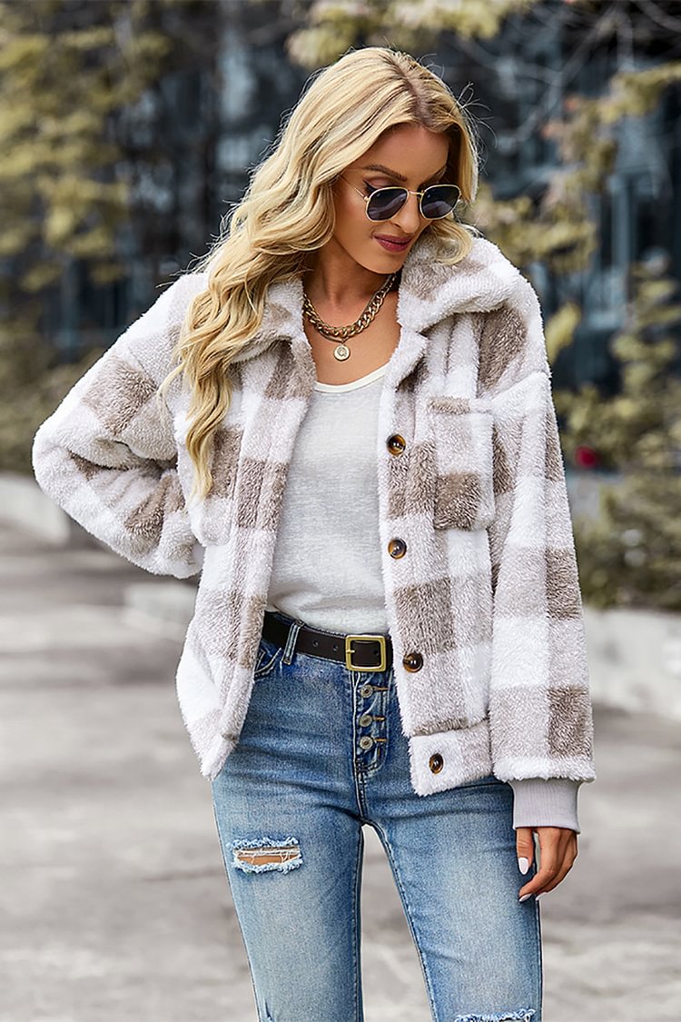 Turndown Collar Button Plaid Plush Coat Jacket