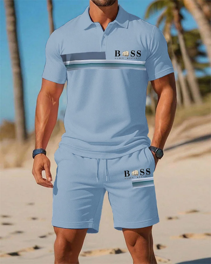 Men's Summer Beach Collection Striped Light Blue Polo Shirt Suit