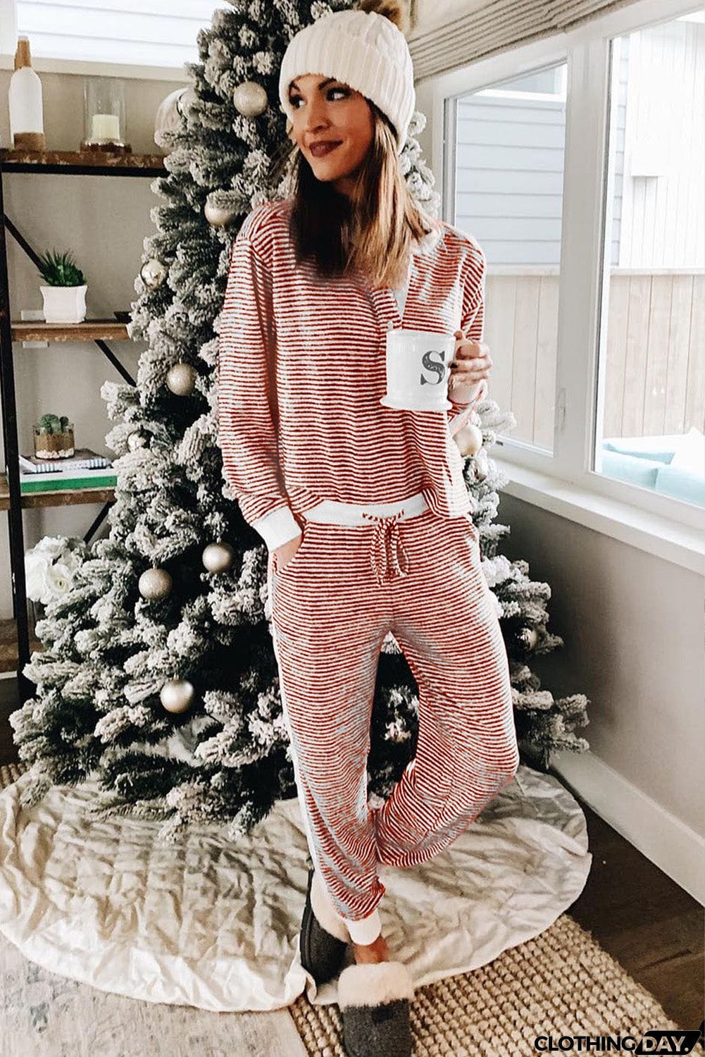 Split Neck Striped Button Christmas Lounge Set with Contrast Trim