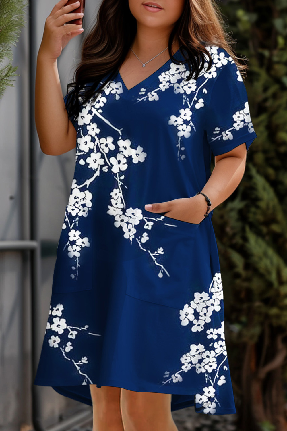 Flycurvy Plus Size Daily Casual Navy Blue Floral Print V Neck Pocket Midi Dress 2024 - Flycurvy 