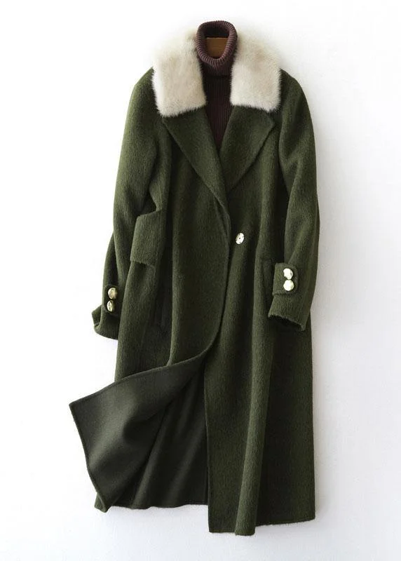 vintage army green Woolen Coats oversized trench coat fur collar women coats Notched