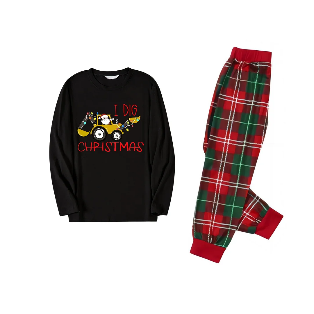 I DIG CHIRSTMAS Text Pattern Black Top Red and Green Plaid Family Matching Pajamas