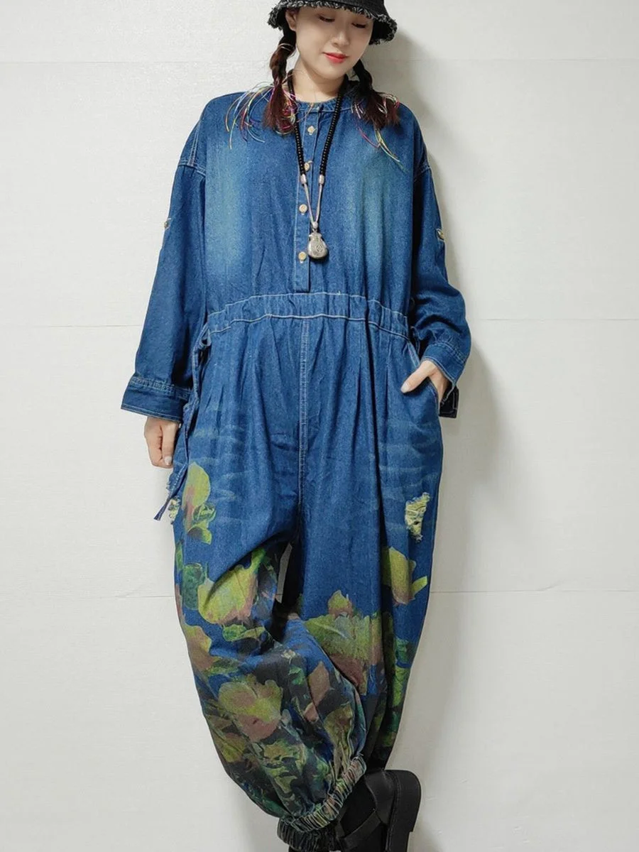 Women's Plus Size Floral Printed Casual Retro Cropped Workwear Denim Overalls Jumpsuit