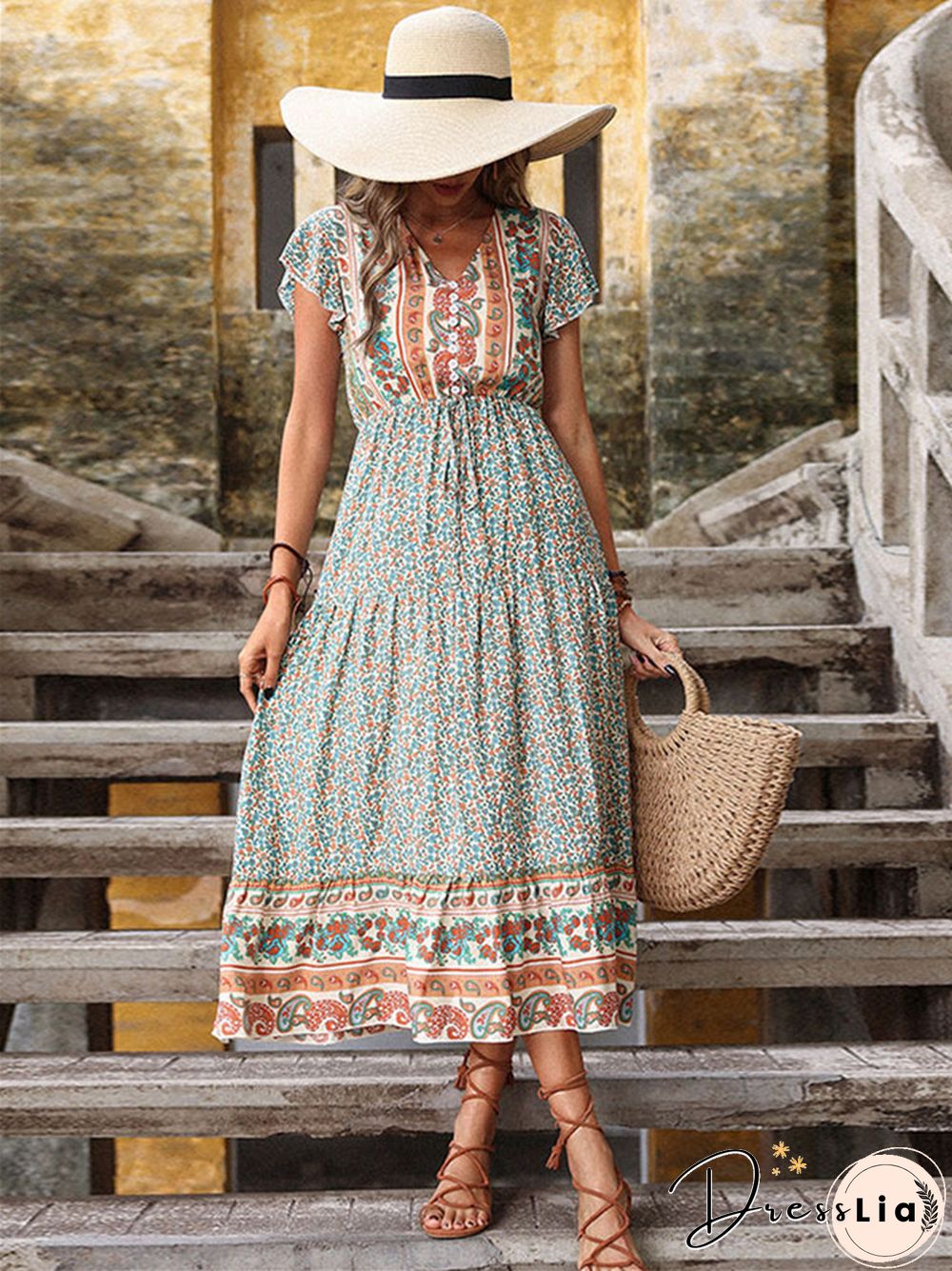 Long Skirt Retro Printed Green Slim Dress