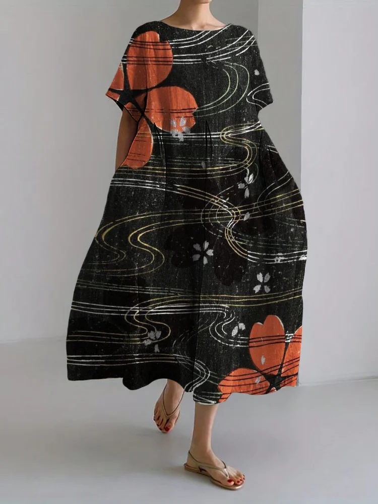 Cherry Blossom Japanese Art Pattern Linen Blend Maxi Dress