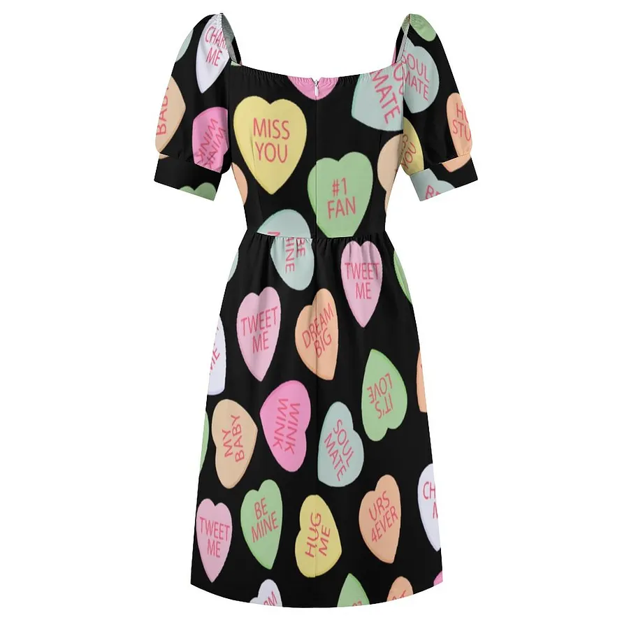 Valentines Day Love Heart Candy Sweet Dress Women Boho High Waist Flared Puff Sleeve Cute Sweetheart Midi Dress Candy-M