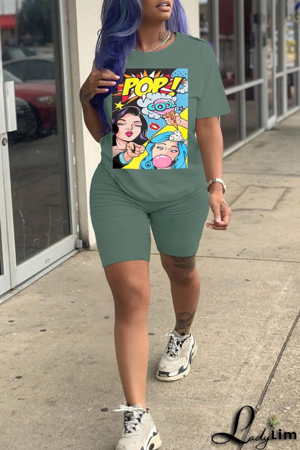 Fluorescent Green Fashion Casual Print Basic O Neck Short Sleeve Two Pieces