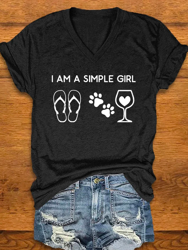 Women's"I'm a simple girl"print Cotton-Blend Vintage Loose Dog T-Shirt socialshop