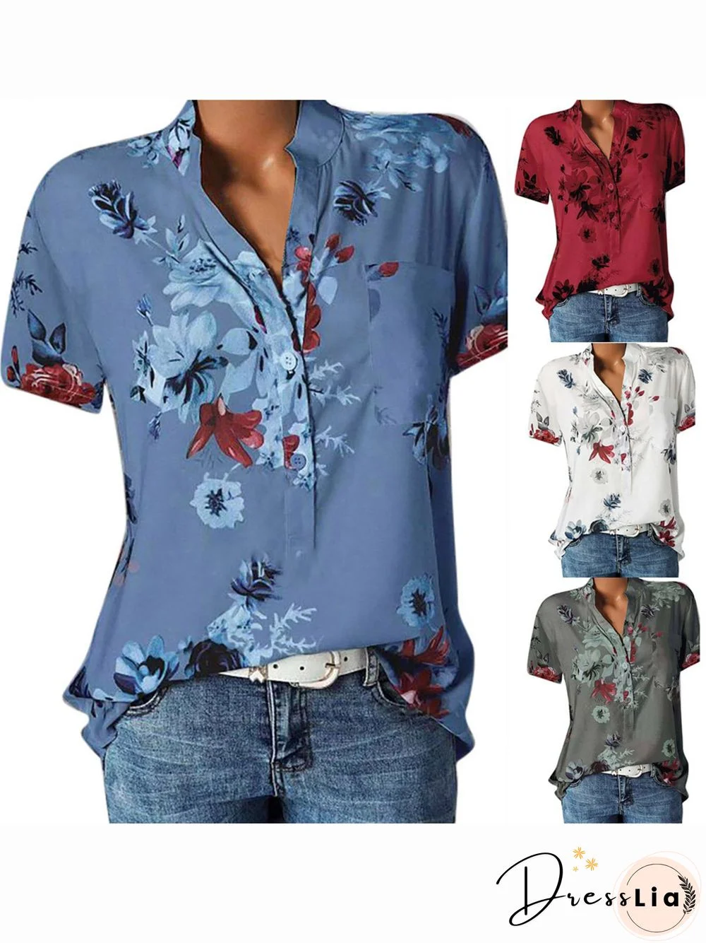 Women Floral Plus Size Short Sleeve Casual Summer Blouses