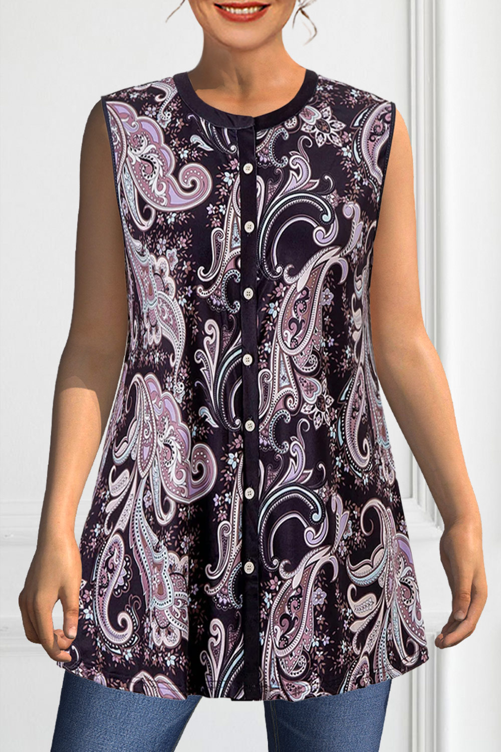 Plus Size Paisley Print Button Up Tank Top 2024 - Flycurvy 