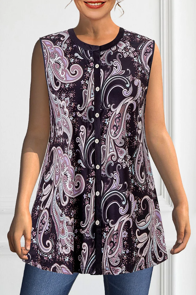 Plus Size Paisley Print Button Up Tank Top  Flycurvy [product_label]