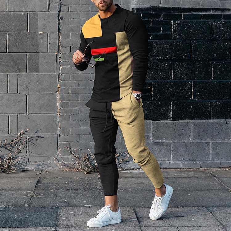 BrosWear Men's Geometric Color Blocking Casual Long Sleeve  T-Shirt And Pants Co-Ord