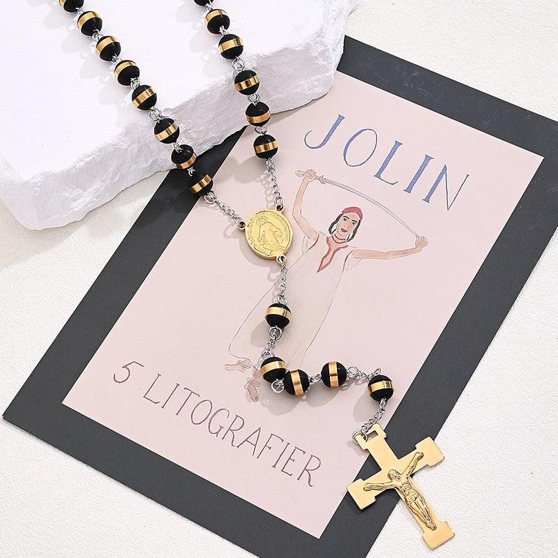 304 Stainless Steel Silica Gel 18K Gold Plated Beaded Polishing Plating Cross Virgin Mary Oval Sweater Chain Long Necklace Necklace