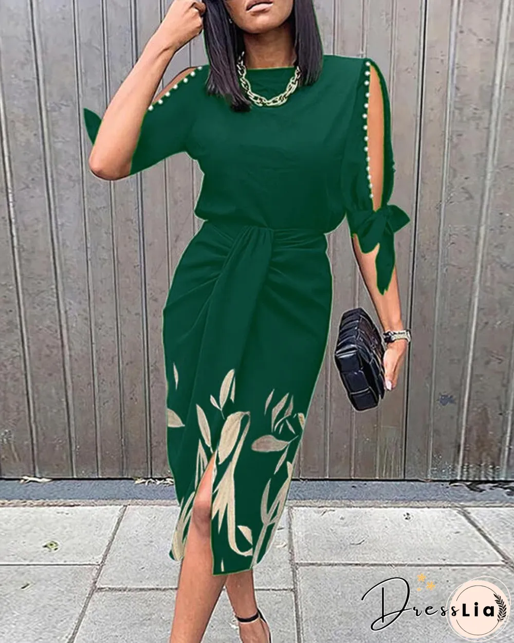 Leaf Print Pearls Decor Knotted Work Dress